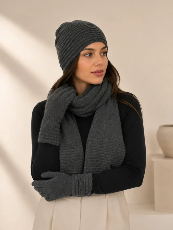Grey scarf, glove and beanie combo