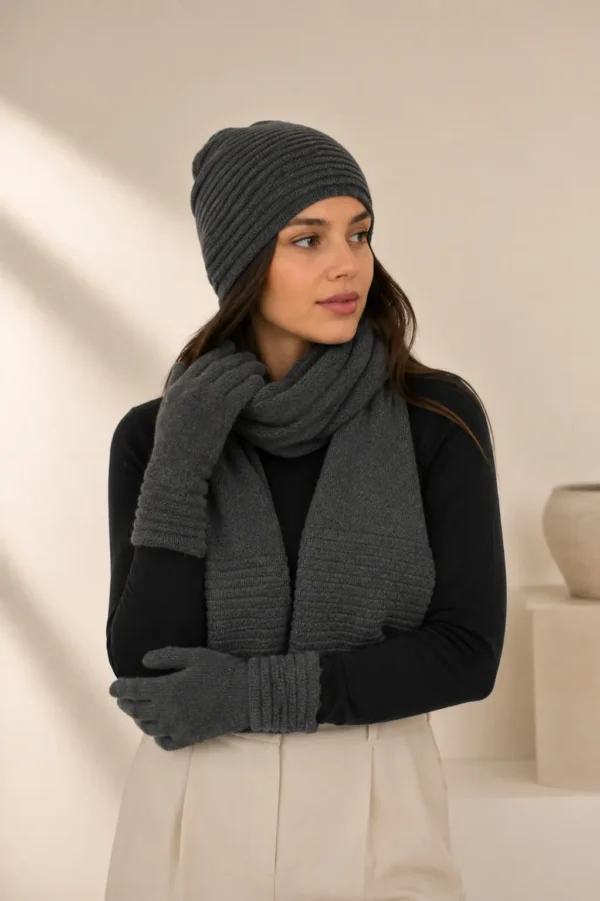 Grey scarf, glove and beanie combo