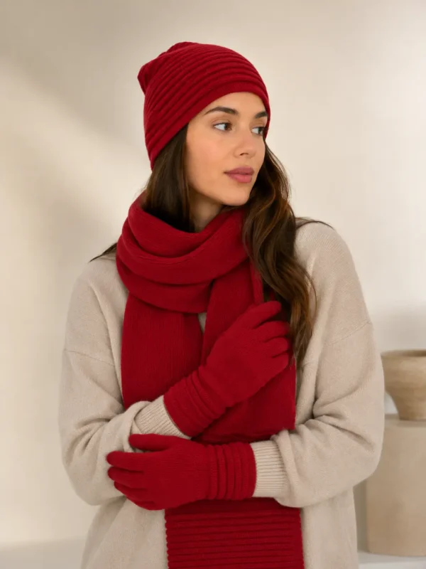 Red scarf, glove and beanie combo