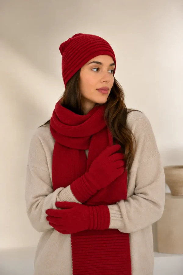 Red scarf, glove and beanie combo